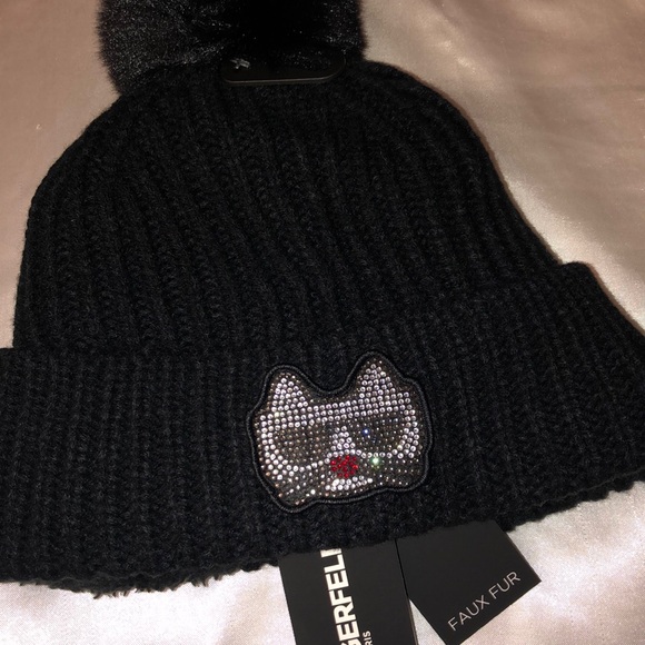 Karl Lagerfeld Paris Black Ribbed Beanie Choupette Patch Faux Fur Pom Pom OS NWT - Picture 7 of 16